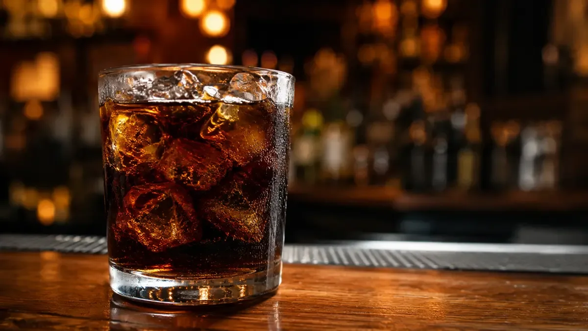 Vaso de fernet con coca y hielo sobre una mesa de bar
